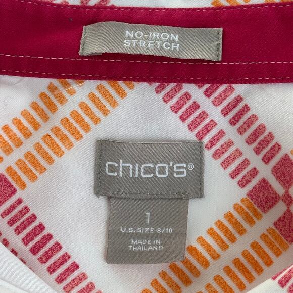 Chico's Pink Orange Diamond Plaid Button Up Blouse Womens Size 1 US 8/10 No Iron - Picture 7 of 10